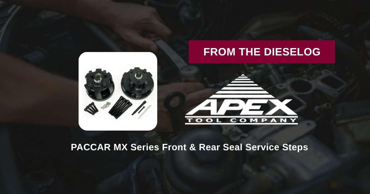 Step-by-step close up layout of ATC 1453185 installer plate mounted on a PACCAR MX13 front crankshaft cover housing